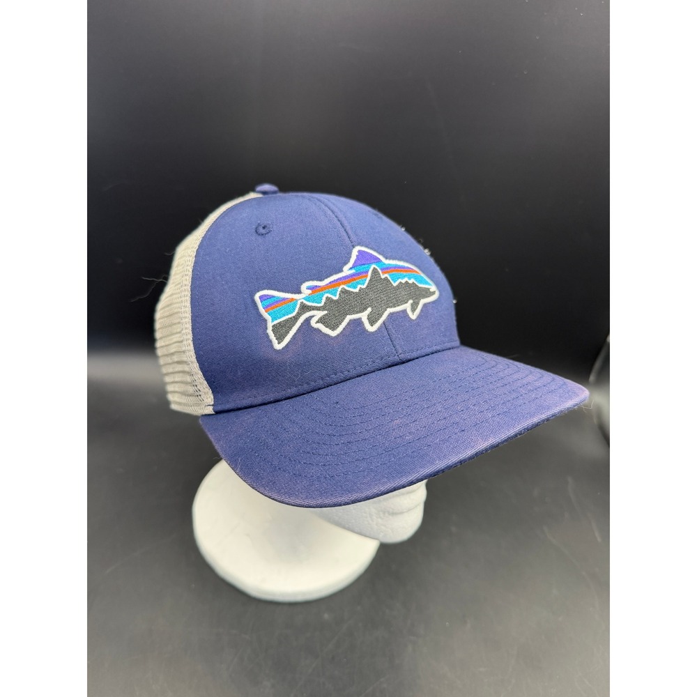 Patagonia Fitz Roy Trout Trucker Hat Cap Blue Gray Adjustable Snapback Mesh